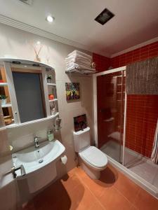 een badkamer met een toilet, een douche en een wastafel bij Habitación Bimba y Lolo in Ribadumia