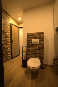 a bathroom with a toilet and a brick wall at Maison atypique centre bourg 15kms du PDF et Parc Maulévrier in Mauléon