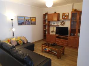 uma sala de estar com um sofá e uma televisão de ecrã plano em Apartamento Tranquilo Zona Paseo de Lordelo - WIFI em O Grove