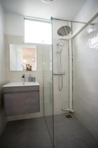 a bathroom with a shower and a sink at Place de la Cathédrale de Pointe à Pitre in Pointe-à-Pitre