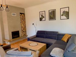 a living room with a blue couch and a table at WołkoWilla - Willa z Jacuzzi na wyłączność MEGA WIDOK ! in Polańczyk