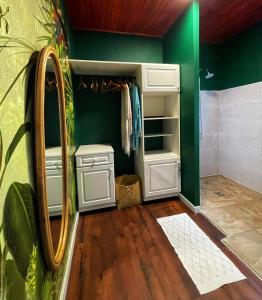 baño con paredes verdes, lavabo y espejo en Chambre confortable dans une ambiance hôtel de charme avec piscine en Saint-Louis