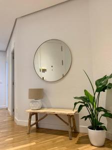 un espejo en una pared con un banco y una planta en Habitación privada en Bilbao Centro, en Bilbao