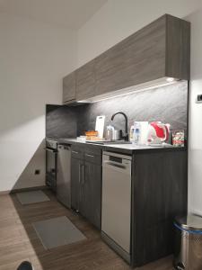 a kitchen with stainless steel appliances and wooden cabinets at Apartman PAVLOVIC 1 in Dedinje