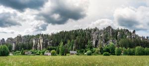 a grass field with a mountain in the background at Adršpach chalupa in Adršpach +12 photos