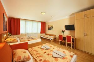 プラハにあるResidence BENEのベッド3台とテレビが備わるホテルルームです。