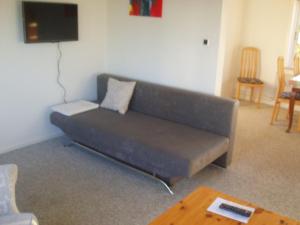 um sofá numa sala de estar com uma televisão em Tødsø Bed & Bath Holiday Home em Nykobing Mors