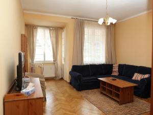 a living room with a black couch and a coffee table at 7k-Zamecky Vrch 2 in Karlovy Vary