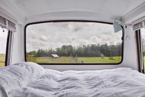 Una cama en una furgoneta con vistas a un campo. en Beachbus Terra Incognito, en Westerland
