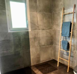 uma casa de banho com uma escada ao lado de uma parede de azulejos em Agréable suite - Bassin Arcachon em Le Teich