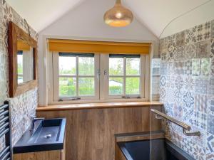 ein Badezimmer mit Waschbecken und Fenster in der Unterkunft Holiday Home Wiringherlant-11 by Interhome in Hippolytushoef + 16 Fotos