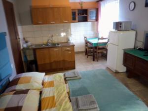 a kitchen with a bed and a kitchen with a refrigerator at ANIA in Kamienna Góra