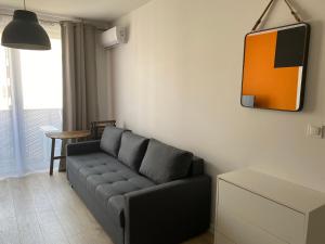 a living room with a couch and a tv at Gdańska Duo in Wrocław