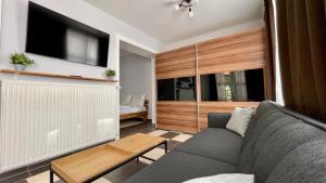 uma sala de estar com um sofá e uma televisão em Nanis Hotel & Appartements em Steinhude