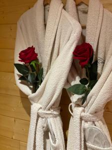 ein weißes Handtuch mit zwei roten Rosen drauf in der Unterkunft Escale Cocooning in Bruyères