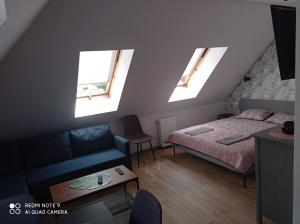 ein Schlafzimmer mit vier Fenstern und einem Bett und einem Sofa in der Unterkunft Apartamenty Brzozowe Zacisze in Duszniki-Zdrój