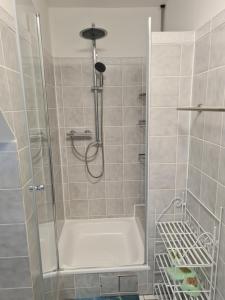 a bathroom with a shower with a tub and a shower at Das Weisse Haus Bockholt in Soltendieck