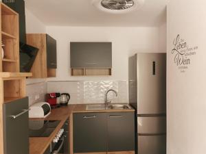 a kitchen with a refrigerator and a sink at Ferienwohnung Moselterrasse in Zell an der Mosel