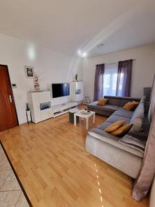 ein Wohnzimmer mit einem Sofa und einem TV in der Unterkunft Apartments Lili in Biograd na Moru