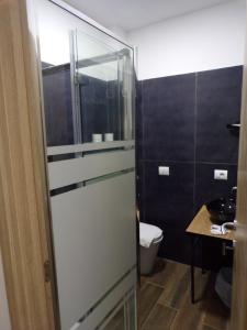 La salle de bains est pourvue de toilettes et d'une porte de douche en verre. dans l'établissement Hotel Nord Est, à Riccione