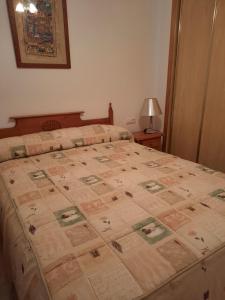 a bed in a bedroom with a quilt on it at Chalet adosado con piscina in Vera