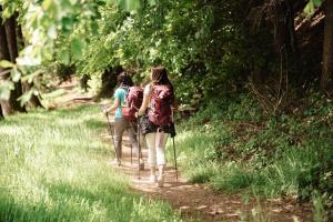 two women walking down a trail with walking sticks at Am Rain - Natur und Spa in Winden im Elztal