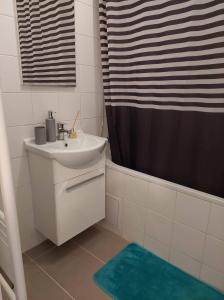 a bathroom with a sink and a shower curtain at B30 Apartman in Budapest