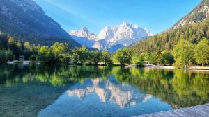 a lake with trees and mountains in the background at Apartma Uršič in Kranjska Gora