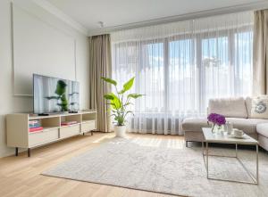 salon z kanapą i telewizorem w obiekcie Kurkowa Apartments w Szczecinie