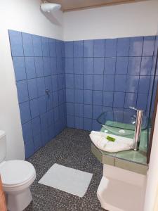 Baño de azulejos azules con aseo y lavamanos en Hotel Cabinas Murillo, en Drake