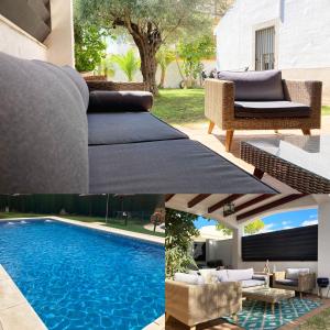 a living room with a couch and a swimming pool at Casa ChillOut a 6km de Sevilla Piscina comunitaria in Valencina de la Concepción