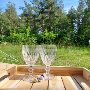 two wine glasses sitting on top of a wooden table at Jaagu metsatelk in Suuremõisa