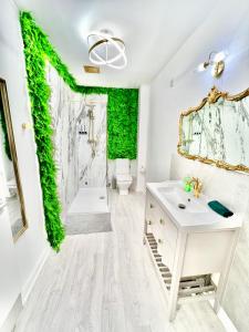 uma casa de banho com uma parede verde em Winter Gardens Owners Suite Blackpool em Blackpool