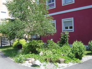 a garden in front of a red building with a tree at Ferienwohnung Murtal in Sankt Lorenzen bei Knittelfeld