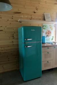 a green refrigerator in a kitchen with a wooden wall at Domki Wielka Woda in Dywan