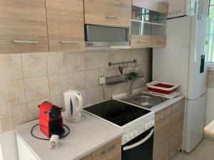 a small kitchen with a sink and a refrigerator at La casa di mare in Agios Gordios +34 photos