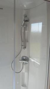La salle de bains est pourvue d'une douche et d'une porte en verre. dans l'établissement Golden Burn Cottage Caravan, à Padstow