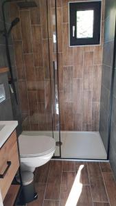 a bathroom with a shower and a toilet and a window at Domki przy Sosnowej in Ostrowo