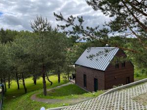 Stara Sikorska Huta的住宿－Cosy Cabin - domek na Kaszubach z sauną, balią i basenem，树木林立的小小屋