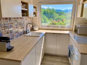 a kitchen with a sink and a large window at Apartmán Nad Přehradou in Frýdek-Místek