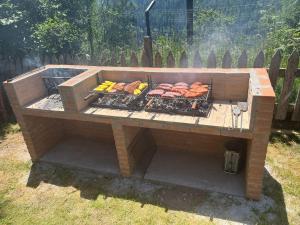 a barbecue grill with different types of food on it at Eco Chalet Nonno Silvano in Bedollo