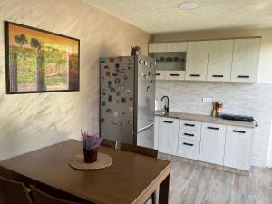 eine Küche mit einem Kühlschrank und einem Holztisch in der Unterkunft Apartmani Rezevici in Budva