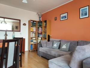 - un salon avec un canapé et une étagère à livres dans l'établissement Cozy Rooms Gdańsk, à Gdańsk