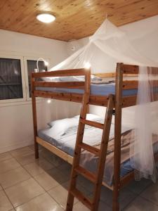 Ce lit superposé se trouve dans un dortoir avec une échelle. dans l'établissement Cottage Tropical, à L'Étang-Salé