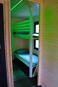 a green bunk bed in a wooden house at AQUA Bērzgale in Bērzgale