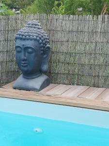 a statue of a head sitting next to a swimming pool at Cottage Tropical in Étang-Salé