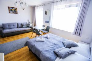 a bedroom with a bed and a living room at Villa Róża pokoje & apartamenty in Łeba