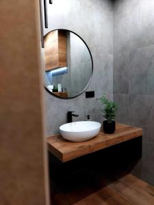 een badkamer met een witte wastafel en een spiegel bij Silver 58 Zator in Zator