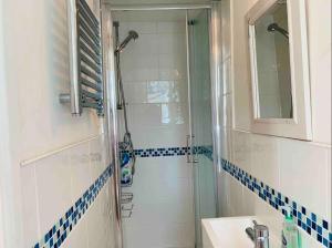 a bathroom with a shower and a sink at Light Airy Detached Annex 2 Min Walk Train Station in Stowmarket