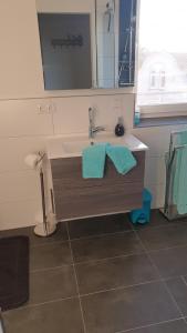 bagno con lavandino, specchio e asciugamani blu di Charakterhaus a Neulengbach